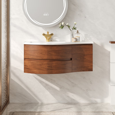 Meuble-lavabo incurvé mural de 35 po avec comptoir en résine de pierre naturelle, lavabo encastré et robinet monotrou