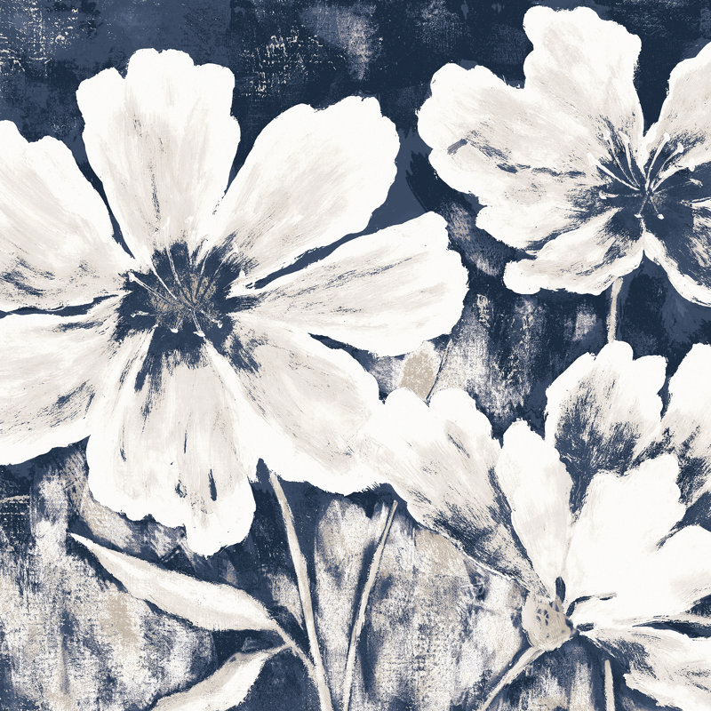 White Florals Navy - Wrapped Canvas Painting, 30cm H x 30cm W x 3.8cm D