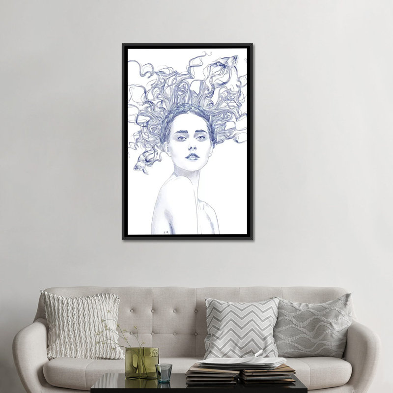 « blue summer », impression sur toile tendue, Toile avec cadre flottant noir, Pas de tapis, H 48 po x l 32 po x P 1,5 po