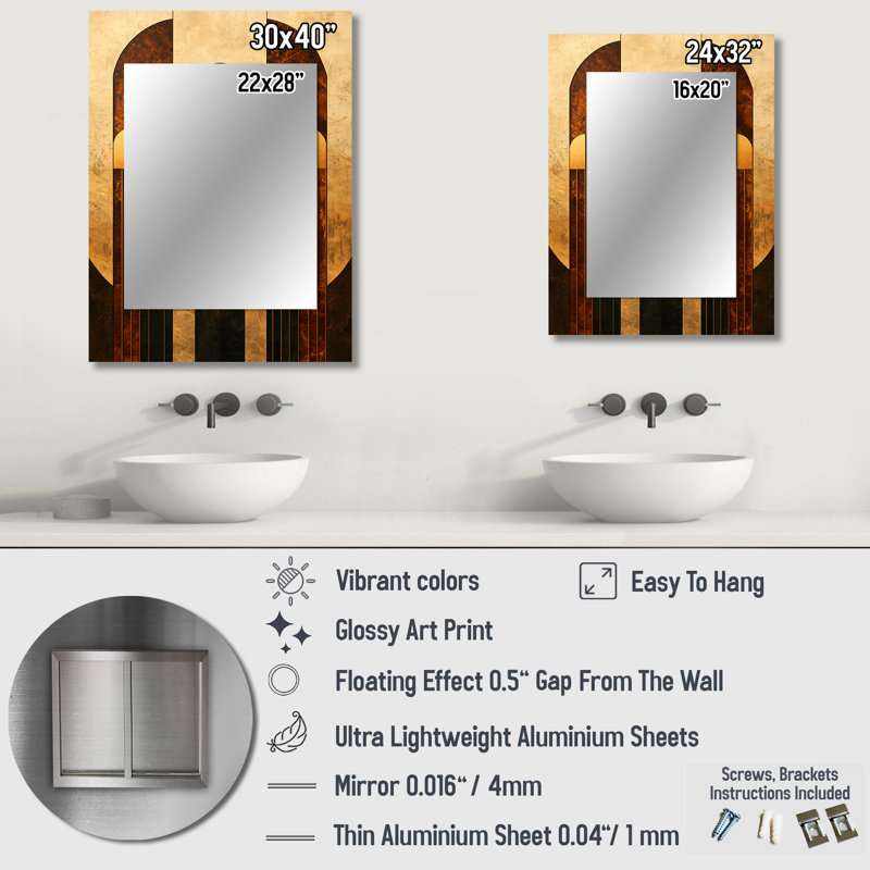 Geometric Walnut Essential Forms VII - Modern Unique Wall Mirror Decor, Gold Large Mirror, Printed Metal Art, 40" x 30"