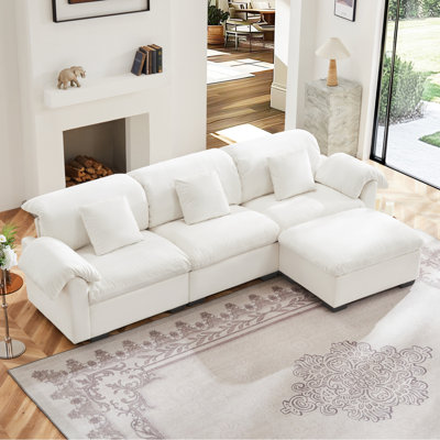 Modern Sofal Shaped Sectional Sofa With Storage Seats And Storage Ottoman,  Velvet 3 -Seat Sofa With Reversible Ottoman, Soft Cushion Fluffy Armrest Couch   ,