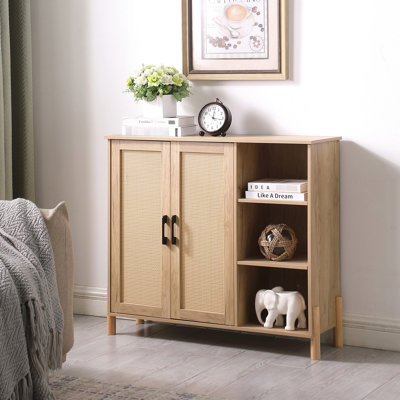Armoire de rangement Mid-Century moderne avec extérieur tissé, tablettes ouvertes pour le décor et rangement réglable, panneau de particules de couleur naturelle, portes doubles à hauteur de 31,5 po, salon et salle à manger, 35,4 po