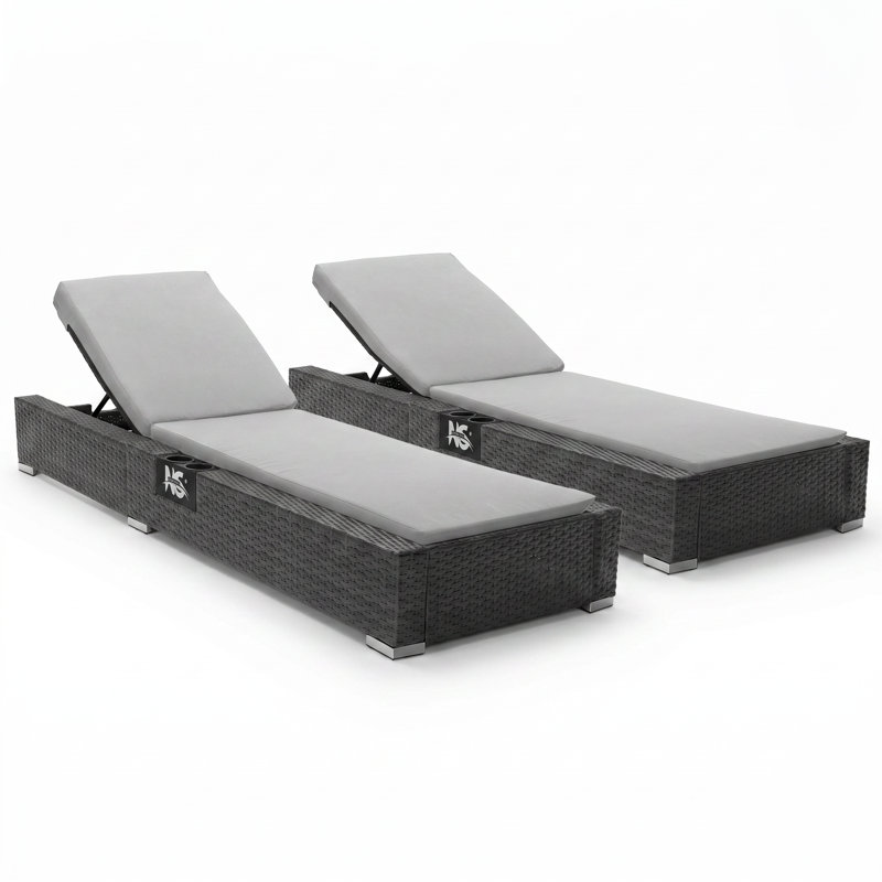 Chaise longue moderne en osier PE avec coussins, dossier inclinable réglable pour patio, piscine et jardin, Gris clair