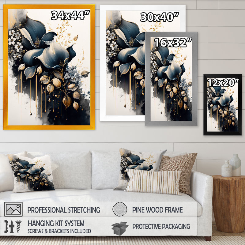 Deep Blue Calla Lily Bouquet IV - Impression sur toile, Cadre photo doré, H 32 po x l 24 po x P 1 po