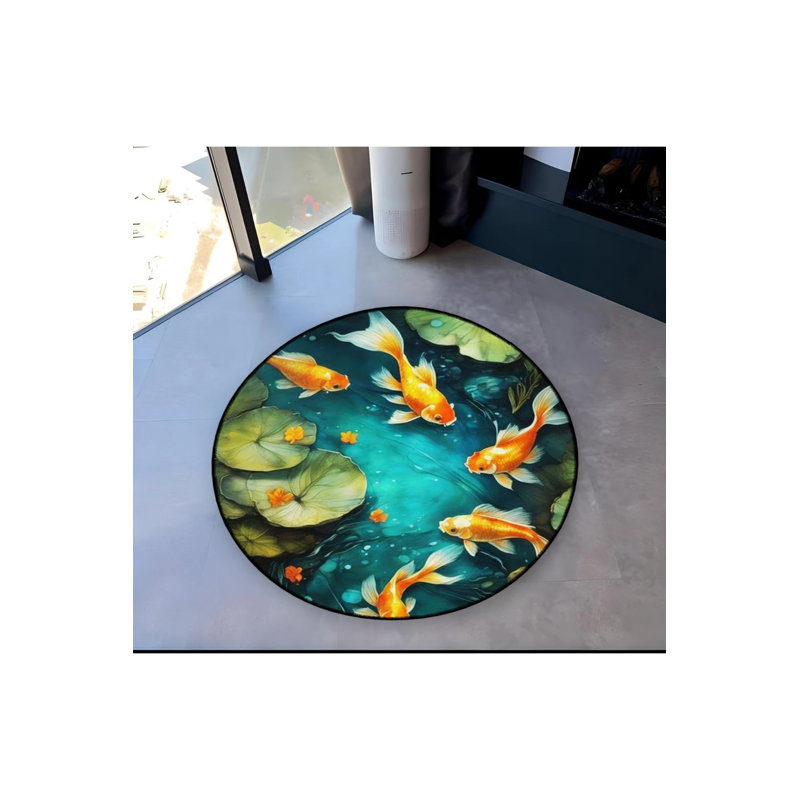 Abstract Theme Lake And Fish Patterned Round Woven Base Modern Decorative Carpet, Round 4'