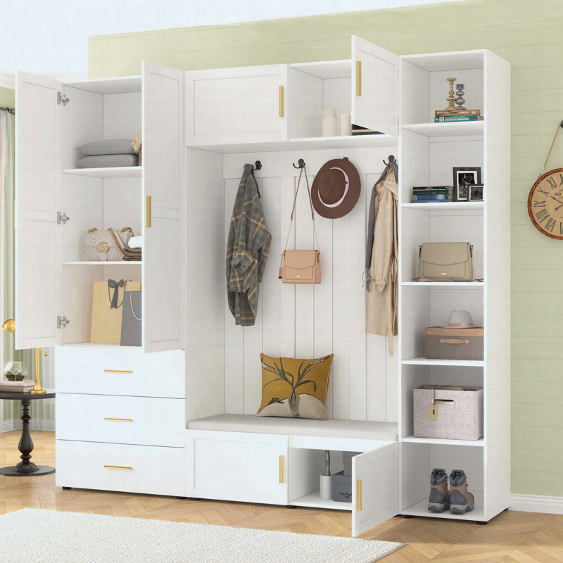 American Style 4-in-1 Hall Tree with Padded Bench, Adjustable Shelves and Coat Rack Hooks, Ancient White