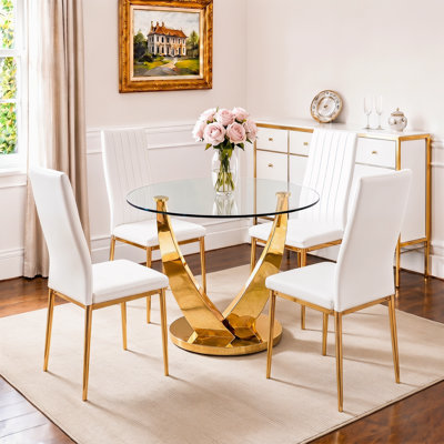 38.9" Round Glass Dining Table Set for 4, Modern Dining Room Set with Tempered Glass Tabletop & 4 PU Leather Chairs, Space-Saving Kitchen Set for Dining, Apartment