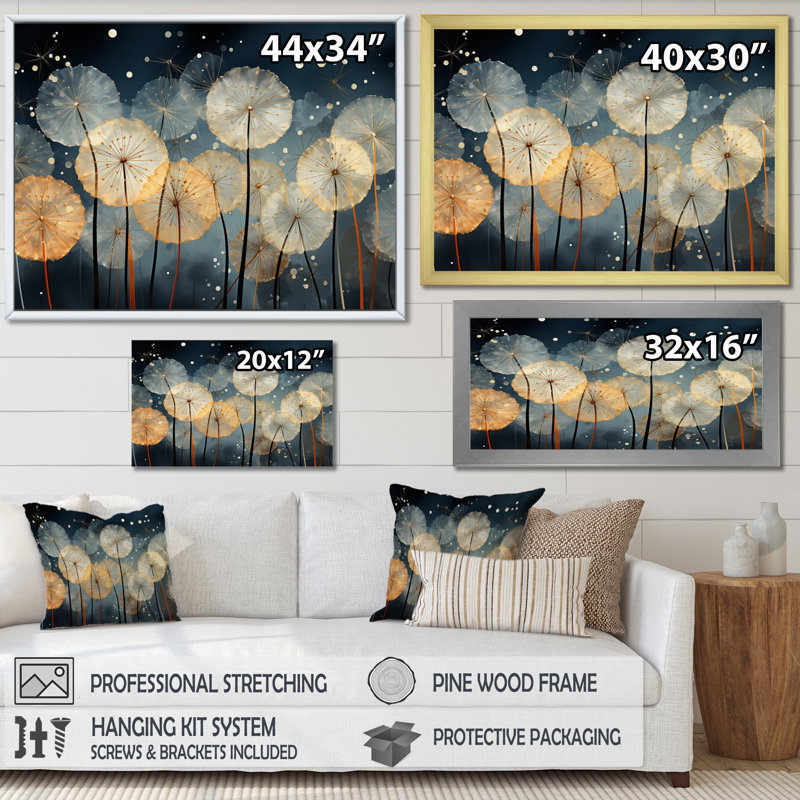 Blanc sarcelle pissenlit symphonie II - art mural pissenlit pour le salon, H 34 po x l 44 po x P 1,5 po