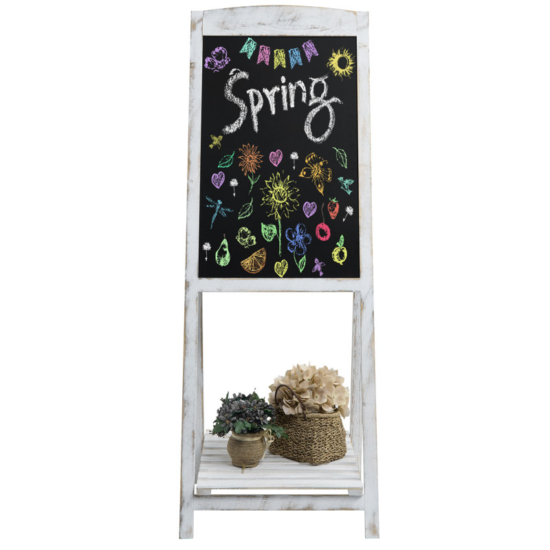 Shabby Whitewashed Wood Chalkboard Sign – 45" A-Frame Freestanding Display with Storage Shelf