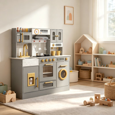 Cuisine de jeu en bois pour enfants, ensemble de jeu de cuisine avec lumières et sons, machine à glaçons, cafetière, tablettes de rangement et plus de 30 accessoires, jouet de cuisine pour tout-petits de 3 ans et plus