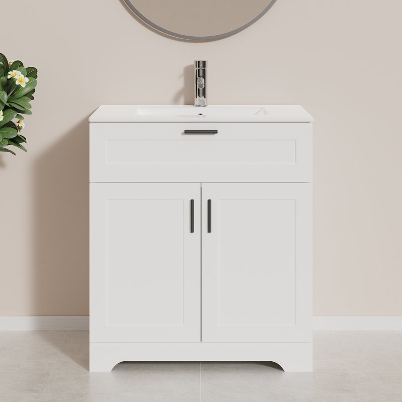 Frausto 30 Inch Bathroom Vanity With Ceramic Sink, Bathroom Sink And Cabinet Combo Set, Wood Vanity With Hidden Storage