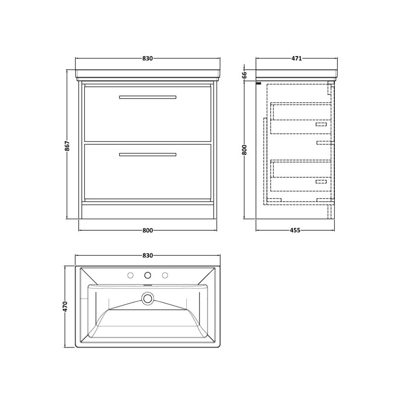 Hudson Reed Lille 600mm Fern Green 2 Drawer  Floor Standing Vanity Unit With 3 Tap Holes Fireclay Basin, Fern Green, 83cm W