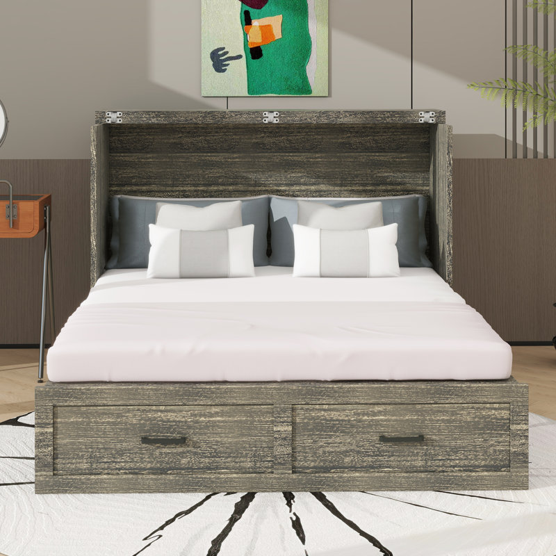 Armoire lit escamotable double avec station de charge, lit plateforme pliable multifonctionnel avec 1 grand tiroir de rangement Murphy