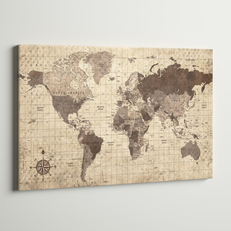 Carte du monde délavée - impression sur toile, H 24 po x l 36 po, Toile tendue, Sans cadre