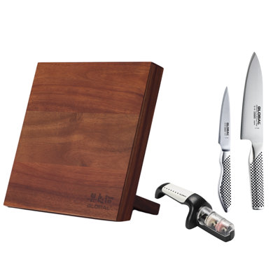 Global Classic Magnetic Easel 3 Piece Knife Set With Sharpener - Black
