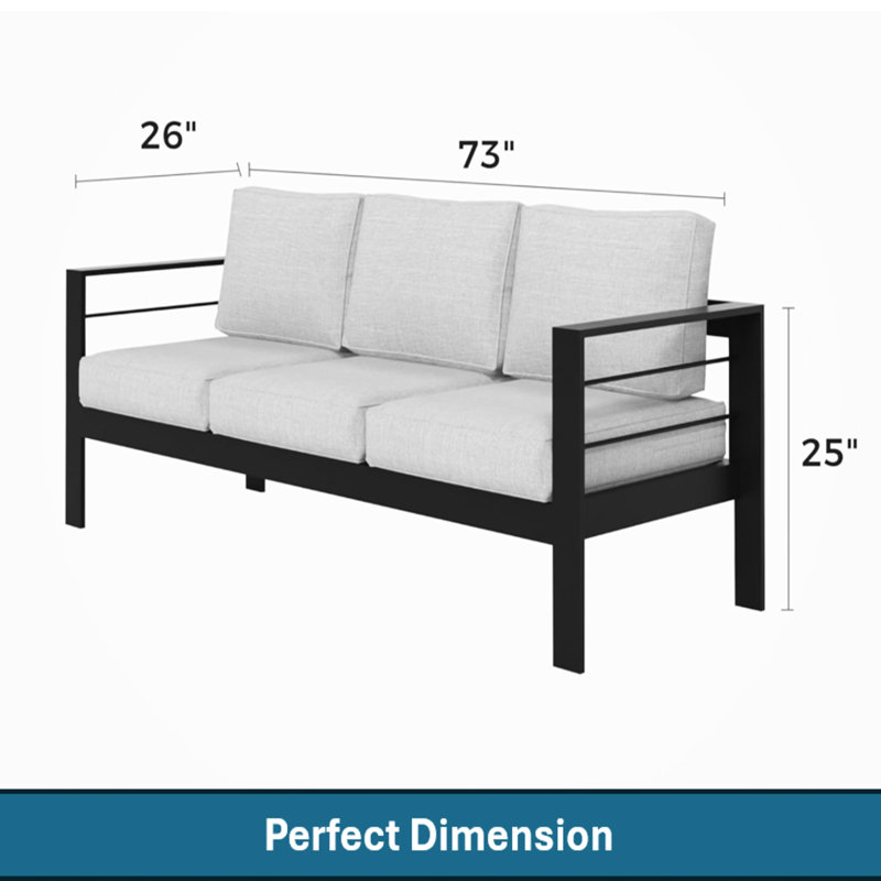 Canapé d'extérieur 3 places tout temps de 185 cm (73 po) avec structure noire et coussins gris épais, qualité commerciale, charge maximale de 408 kg (900 lb), facile à nettoyer, grande durabilité, capacité