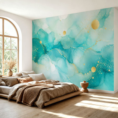 Wall Mural Peel and Stick Wallpaper Pastel cyan mint liquid marble watercolor gold lines brush stains Teal Self-Adhesive Removable Contact Paper Wall Decor for Living Room Bedroom 69"H x 96"W