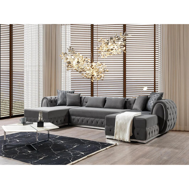 Farhanaaz Velvet U-Shaped Sectional Symmetrical, Grey Velvet, Silver