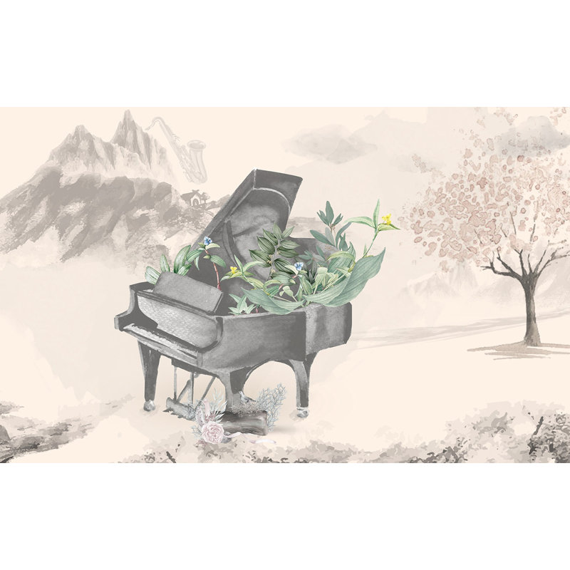 Papier peint amovible avec musique, paysage de montagne et piano, L 48,96 po x l 75 po