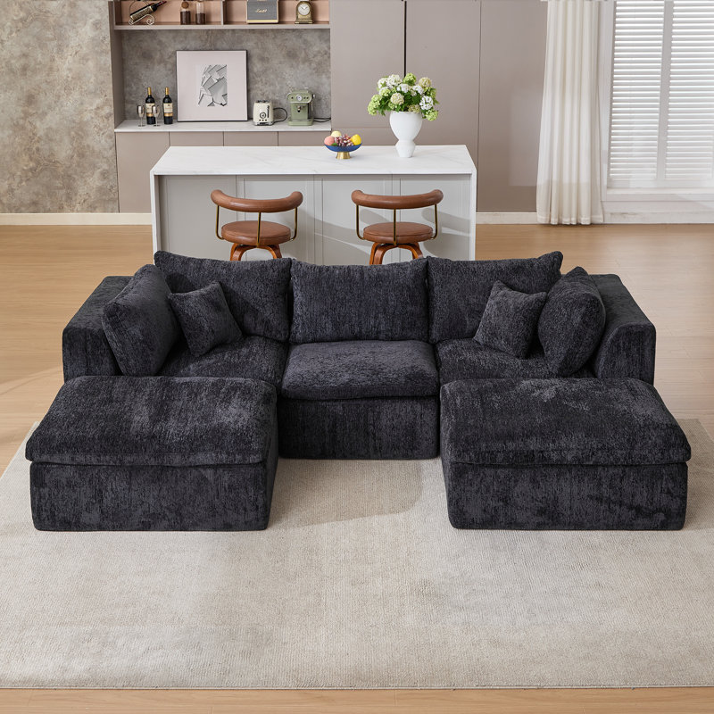 6-Piece Modular Compression Upholstered Boneless Sectional Sofa, Black Chenille, 25.6" H x 113" W x 70.9" D