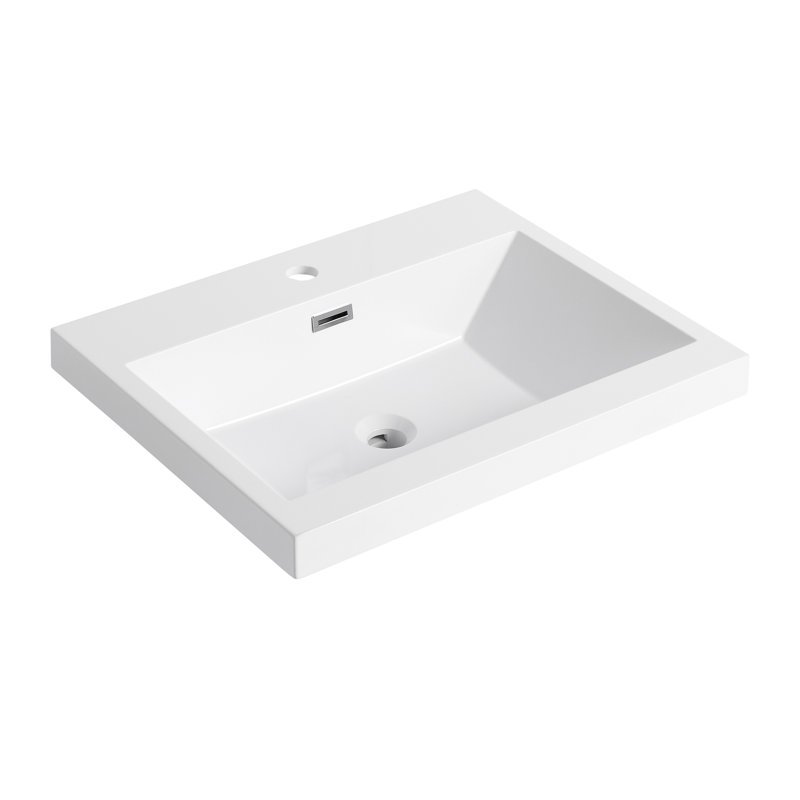 Lavabo de salle de bain de 24 po en résine, blanc brillant, offrant un lavabo élégant pour la salle de bain, présentant un aspect moderne et durable
