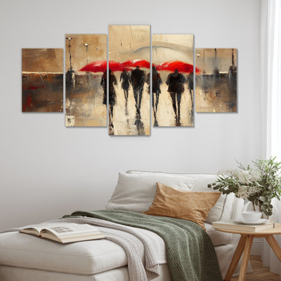 «The Red Umbrellas Rainy Day Bridge Over Seine I - City Paris, art mural sur toile 5 pièces