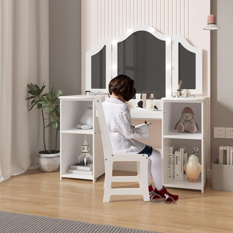 Coiffeuse pour enfants avec éclairage tactile et miroir pliant en trois, coiffeuse en bois pour filles avec rangement