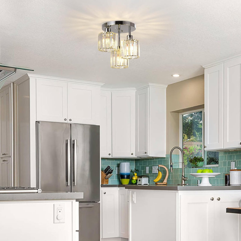 Modern Semi Flush Mount Ceiling Light,3-Light Crystal Close To Ceiling Light Fixtures,Kitchen Light Fixtures With Clear Crystal Shade,Hallway Light Fixtures For Hallway Bedroom Bathroom