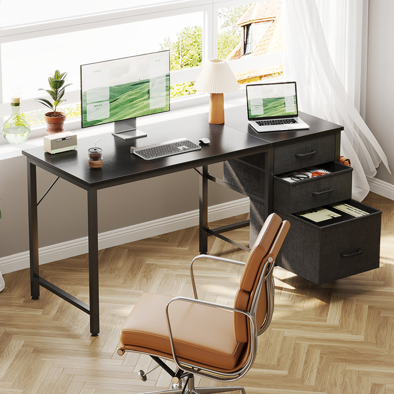 Bureau réversible 48 po à 3 tiroirs avec crochets, bacs de rangement en tissu pour bureau personnel, noir, Noir
