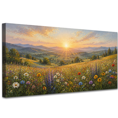 Art mural rétro sur toile paysage de prairie fleurie, décoration murale champ de fleurs sauvages pour le salon ou la chambre à coucher, œuvre de campagne campagnarde, galerie tendue, prête à accrocher, (20 po x 40 po)