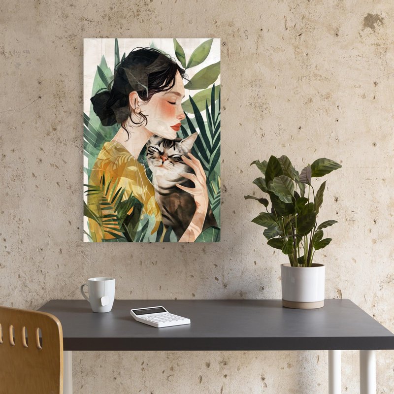 «Woman Cat Serenity Peaceful Serene Tranquil Cat Nature Plant», art mural, H 18 po x l 12 po