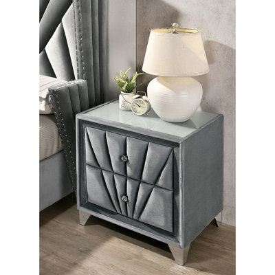 2 tables de chevet rembourrées en tissu gris, décorations artistiques, acrylique, plateau et pieds en verre gris, 2 tiroirs
