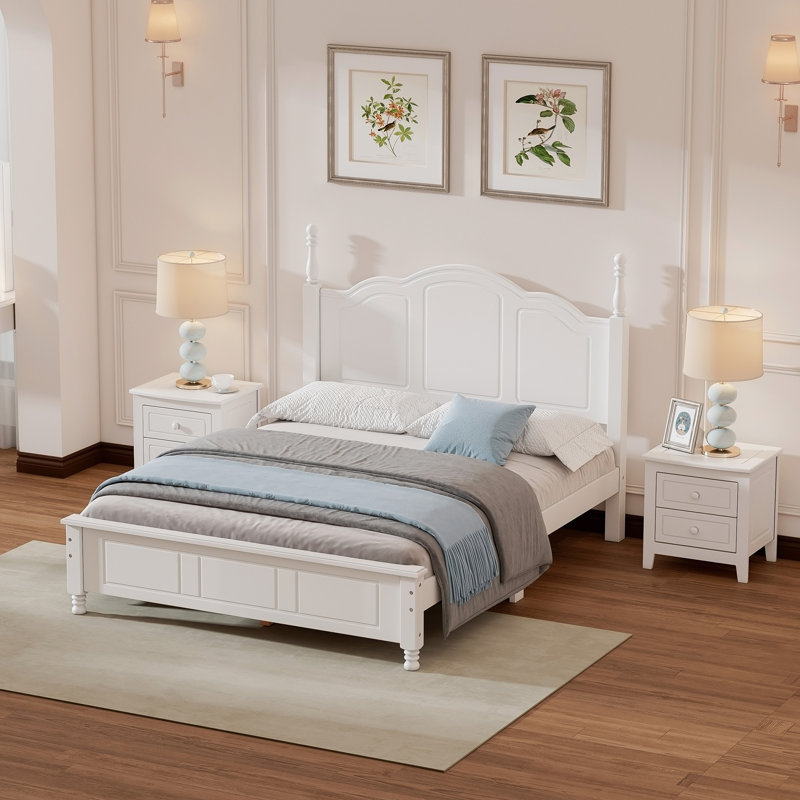 Ensemble de chambre à coucher 3 pièces, lit plateforme en bois et deux tables de chevet, Noyer, Grand