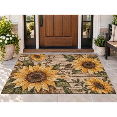 5' x 7' Outdoor Area Rug Sunflower Floral Beige Yellow Green Heavyweight Waterproof PVC Coil Loop Carpet, Patio Rug Quick Dry Mat for Large Doormat Porch Deck Balcony Entryway RV Camping