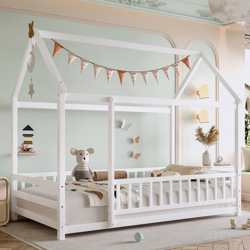 Twin Size Floor Wooden Frame Materialen Bed Frame With House Roof Frame, Fence Guardrails,In White Finish, Twin, White