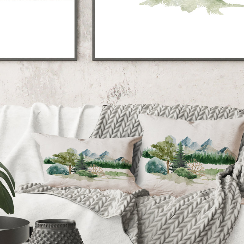 Trees Bush Grass In Wild Landscape - Traditional Printed Throw Pillow, 16" x 16"