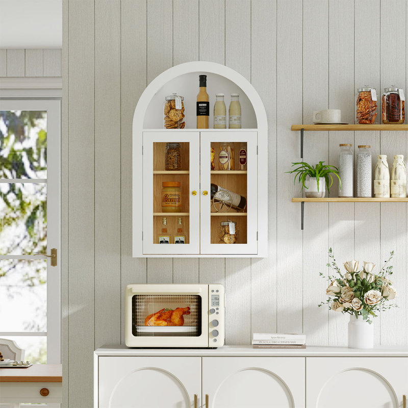 Wall Bathroom Cabinet with Glass Doors, Wood Medicine Cabinet with Adjustable Shelf, Arched Hanging Cabinet for Bathroom, Living room, White