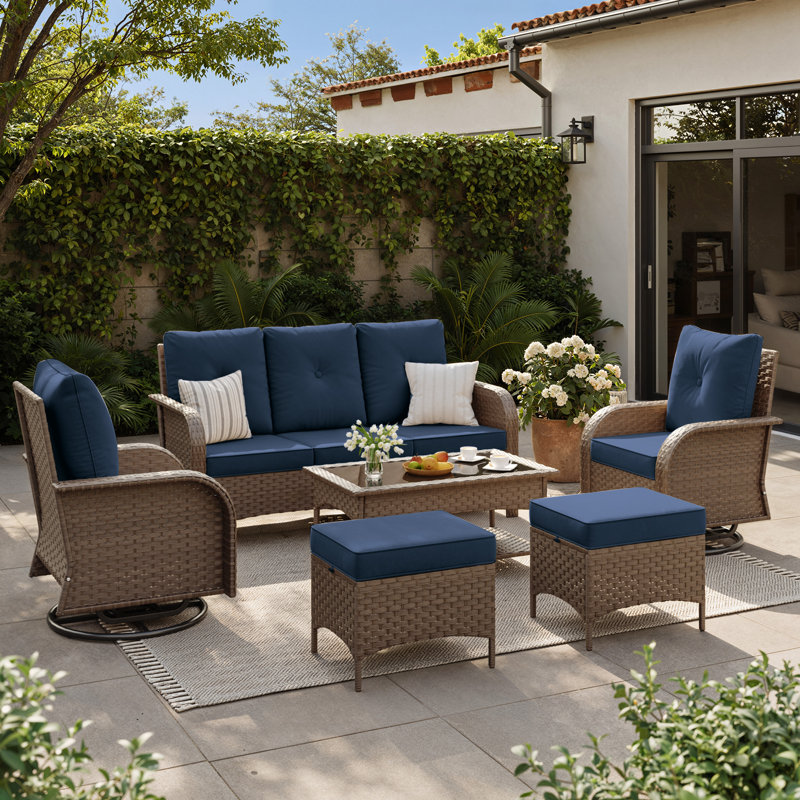 Ensemble de conversation de patio 6 pièces avec chaises berçantes pivotantes à 360 °, ensemble de meubles de patio en osier et en acier toutes saisons avec table basse de rangement, repose-pieds à usages multiples pour la cour, le porche et le jardin