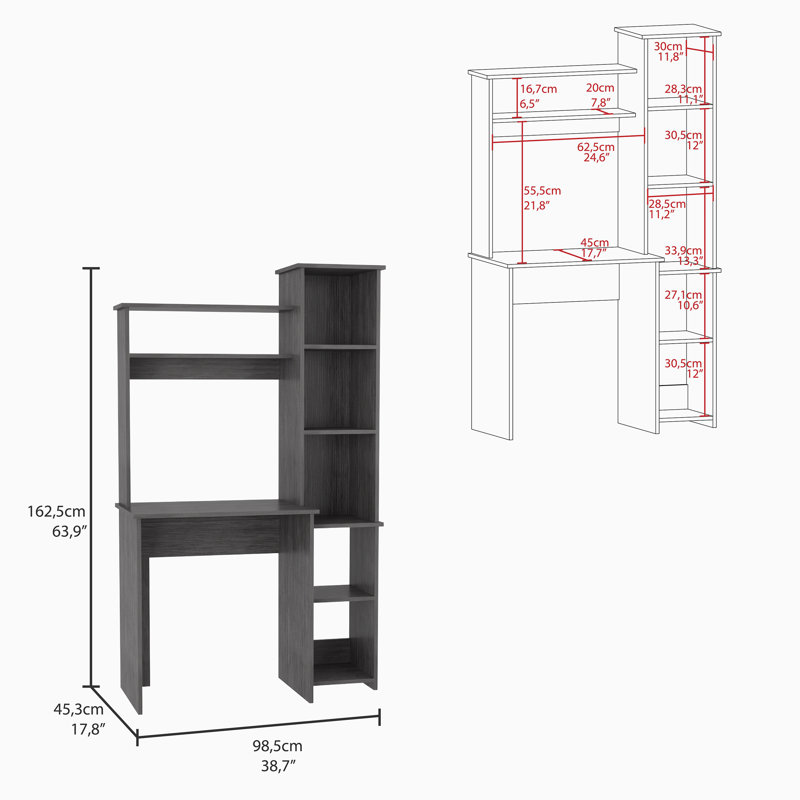 Bureau d'écriture Versalles, 2 tablettes supérieures, 5 casiers, chêne fumé