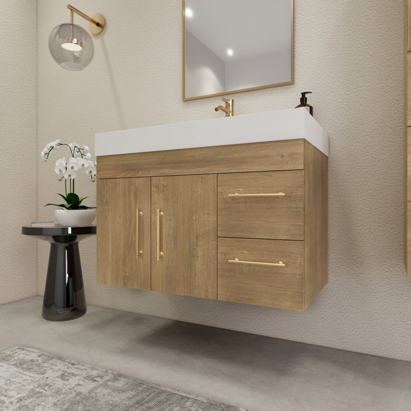 35.4" Wall-Mounted Single Bathroom Vanity Set, Oak