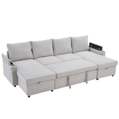 Convertible Sofa Bed 109.5" U-Shaped Sectional Sofa Modern Upholstered Sofa With Storage Chaise Lounges,Cup Holders, USB Ports, And Storage Boxes & Pockets For Living Room
