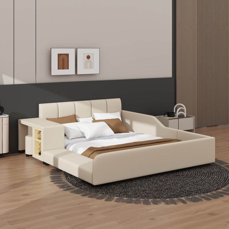Lit double tapissier pleine grandeur, lit combiné mère-enfant avec table d'appoint et mini tabouret, Beige