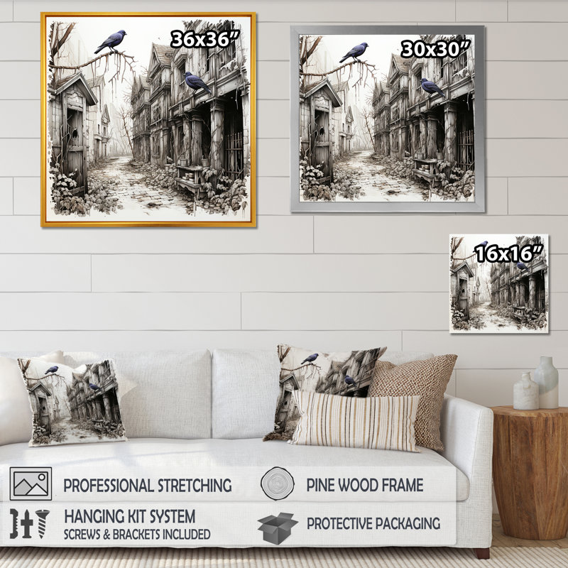 Victorian Haunted Raven Courtyard I - Art mural animal corbeau, Cadre flottant noir, H 36 po x l 36 po x P 1,5 po