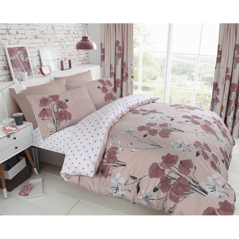 Floral Design Duvet Cover Set Polycotton with Pillowcases - Yarn Bedding, Aubergine, Double