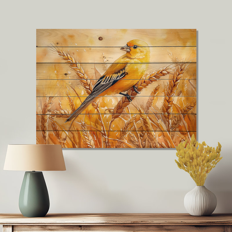 Chardonneret dans le champ de blé II - Décoration murale en bois d'oiseau - sur bois de pin naturel