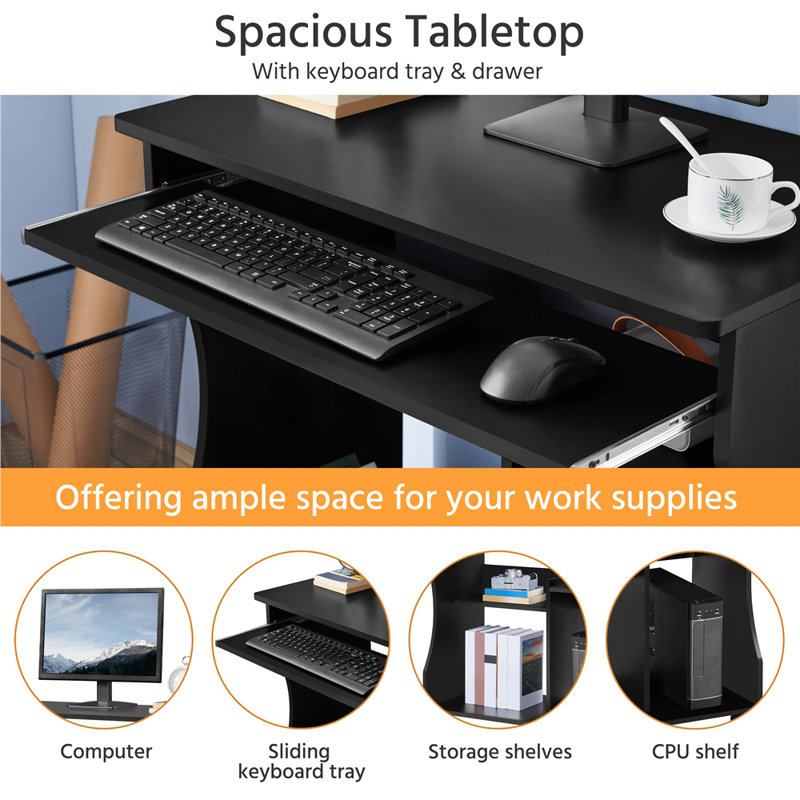 80cm L Computer Desk with Keyboard Shelf & Wheels, Black