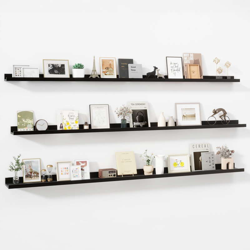 Parece Wall-Mounted Floating Shelves for Bedroom, Living Room, Black, 2" H x 72" W x 5" D