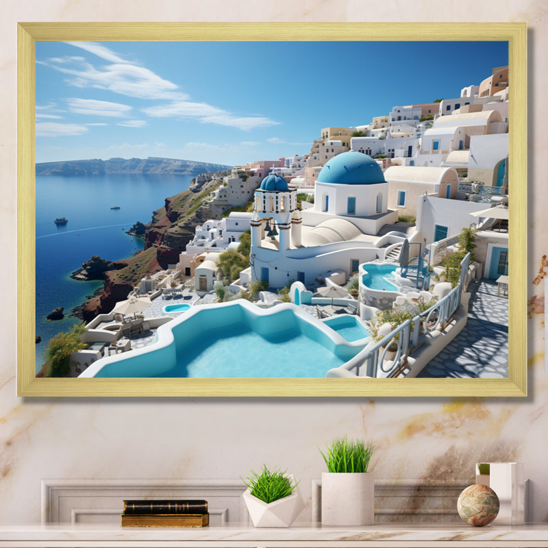 Grèce «Santorini Dreams I», art mural grand de Grèce, Cadre doré simple, H 16 po x l 32 po x P 1 po