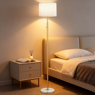 63.7" Dimmable Floor Lamp With White Marble Base And Linen Shade, Modern Standing Lamp With Gold Pole For Living Room, Office, Bedroom, Includes 9W LED Bulb