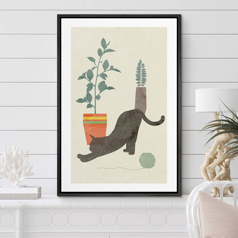 Chat noir rétro avec plantes, formes d'animaux, style Mid-Century, minimaliste, chic et coloré, Noir, H 36 po x l 24 po